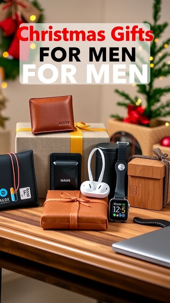 Practical Christmas Gift Ideas for Men A collection of Christmas gifts for men, including tech gadgets and grooming products, arranged with holiday decorations.